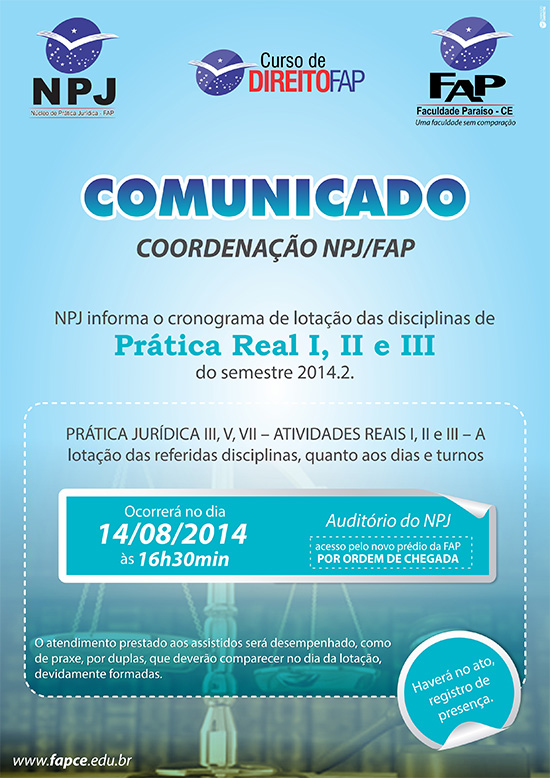 Comunicado - Coordenação NPJ/FAP