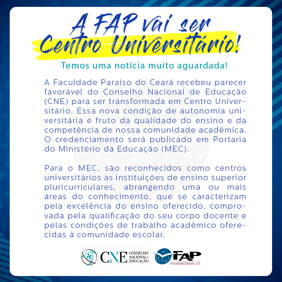 A FAP vai ser Centro Universitário!